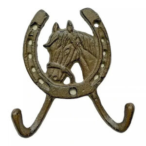 CAST IRON Horse & Horseshoe Double Hook Wall Hanger Coats/ Keys/ Bag / Umbrella